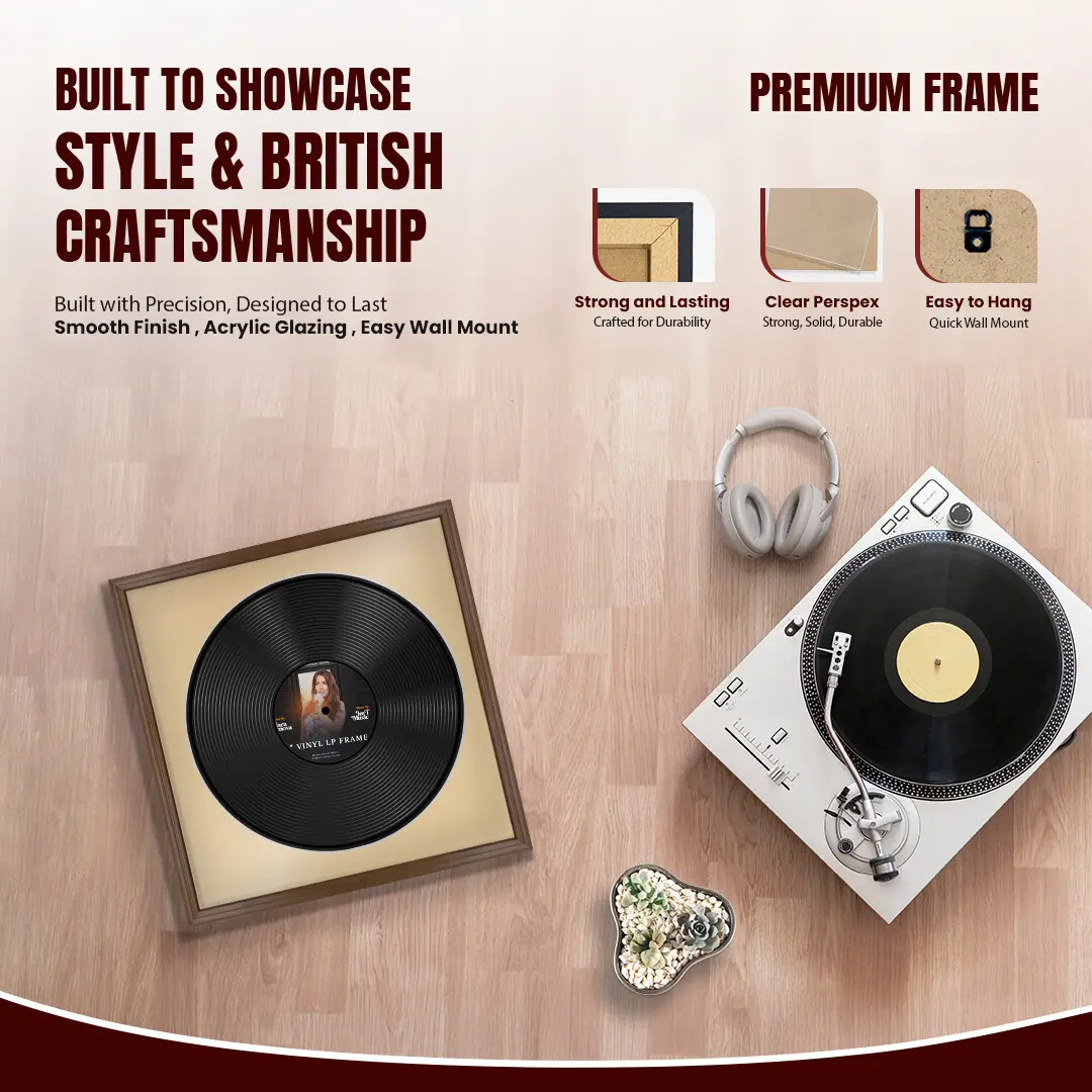 16x16" Classic Walnut Vinyl Record Frame With Ivory Mount For 12" LP Discs | Premium Wall Frame For Music Enthusiasts thumbnail 2