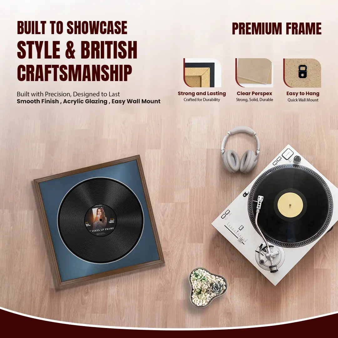 16x16" Classic Walnut Vinyl Record Frame With Pompador Mount For 12" LP Discs | Contemporary Wall Display thumbnail 2