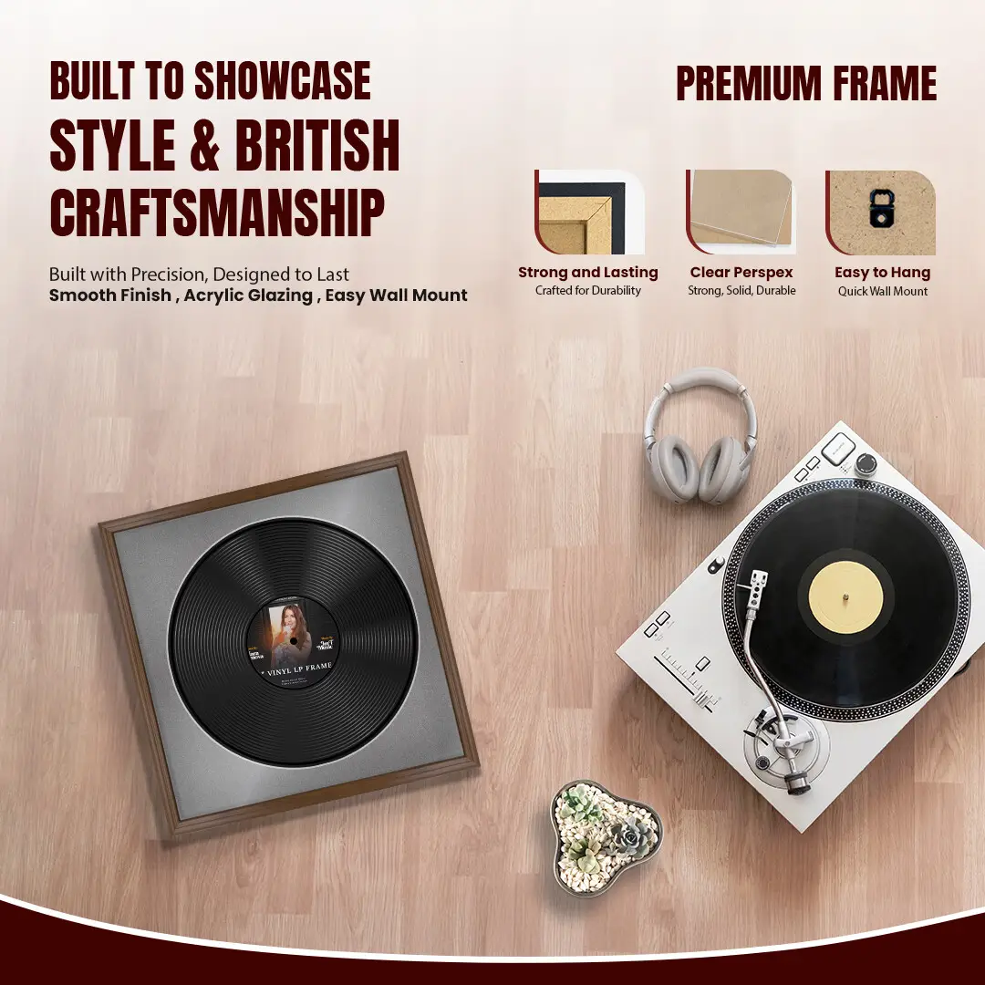 16x16" Classic Walnut Vinyl Record Frame With Black Mount For 12" LP Discs | Contemporary Wall Display thumbnail 2