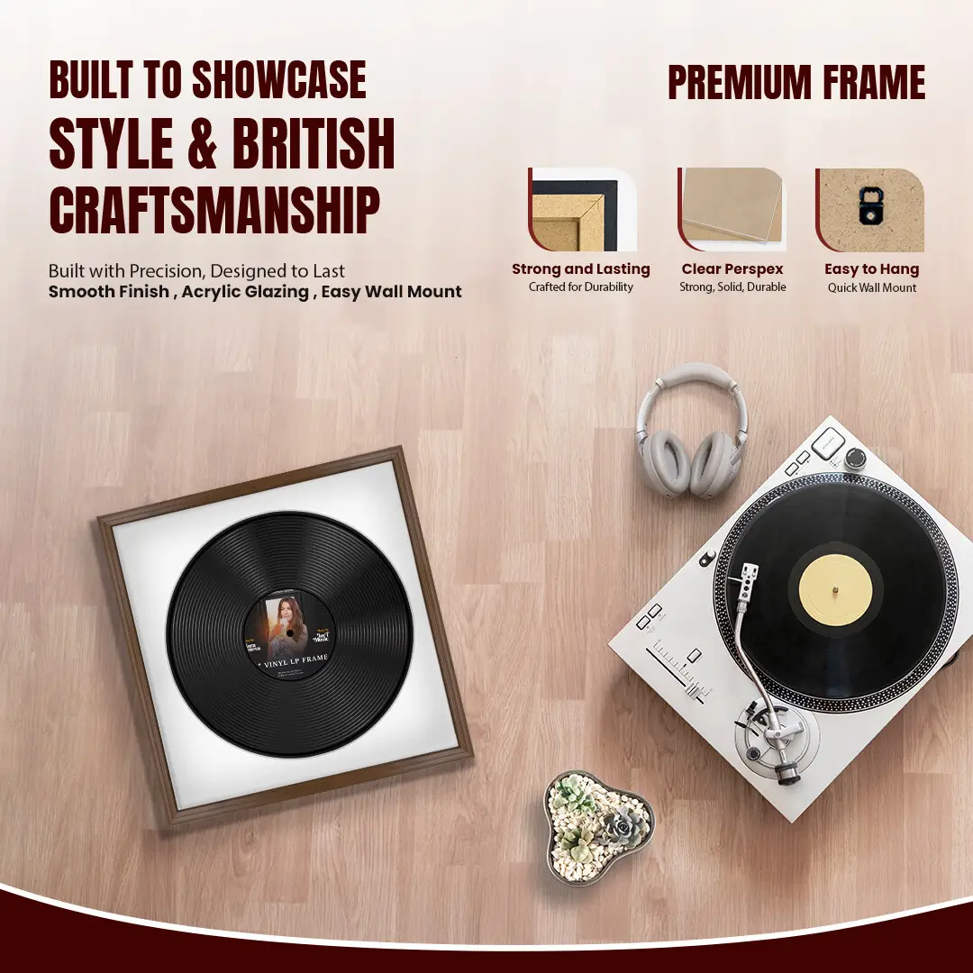 16x16" Classic Walnut Vinyl Record Frame With Ice White Mount For 12" LP Discs | Contemporary Wall Display thumbnail 2