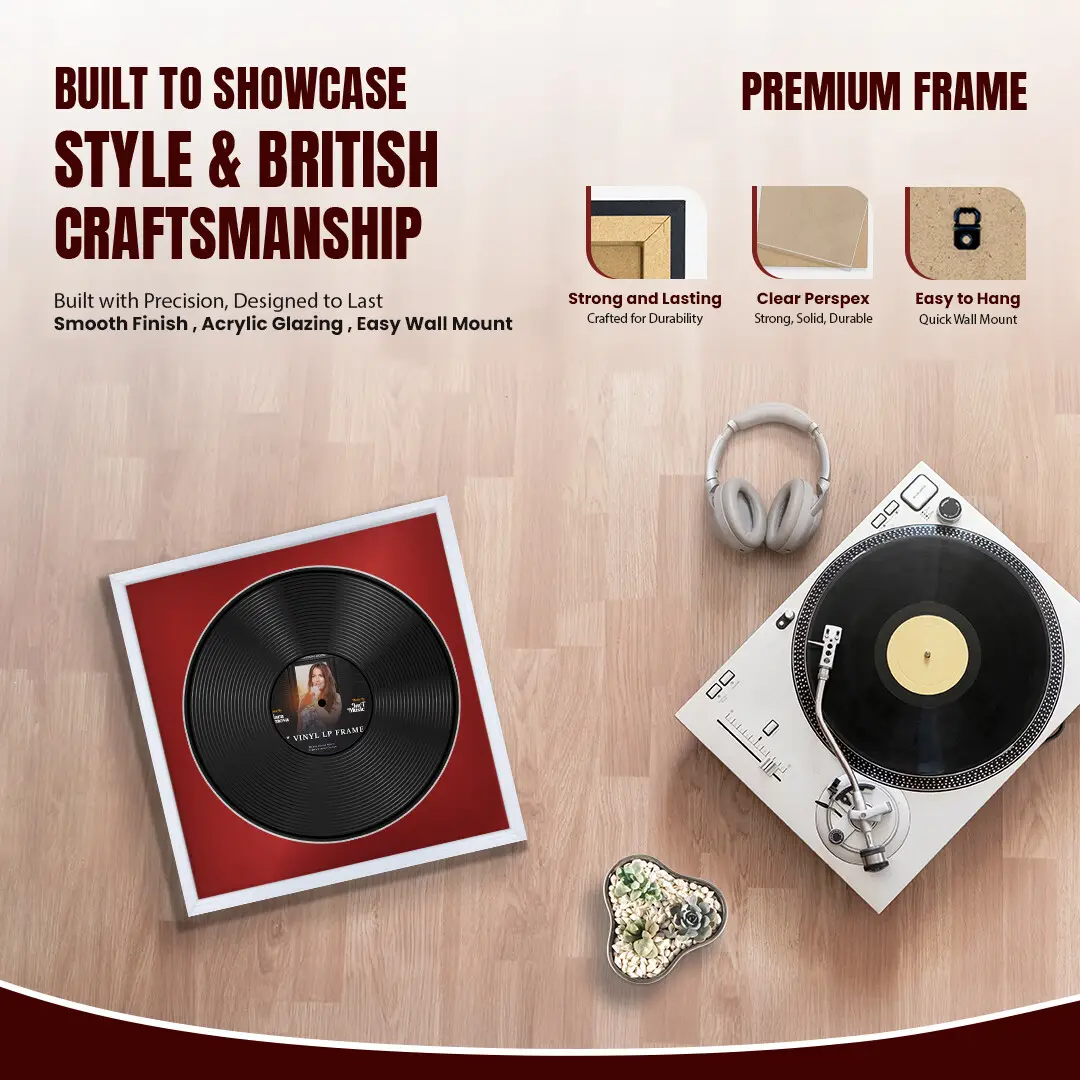 16x16" Classic White Vinyl Record Frame With Crimson Mount For 12" LP Discs | Elegant Frame For Music Lovers thumbnail 2