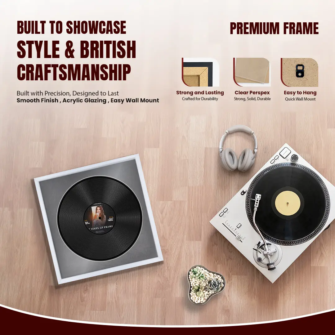 16x16" Classic White Vinyl Record Frame With Mid Grey Mount For 12" LP Discs | Contemporary Wall Display thumbnail 2
