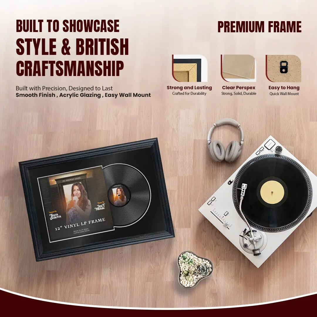 25x17" Classic Black Vinyl Record Frame For 12 Inch LP Cover & Disc With Black Mount | Overlapped Vinyl Display thumbnail 2