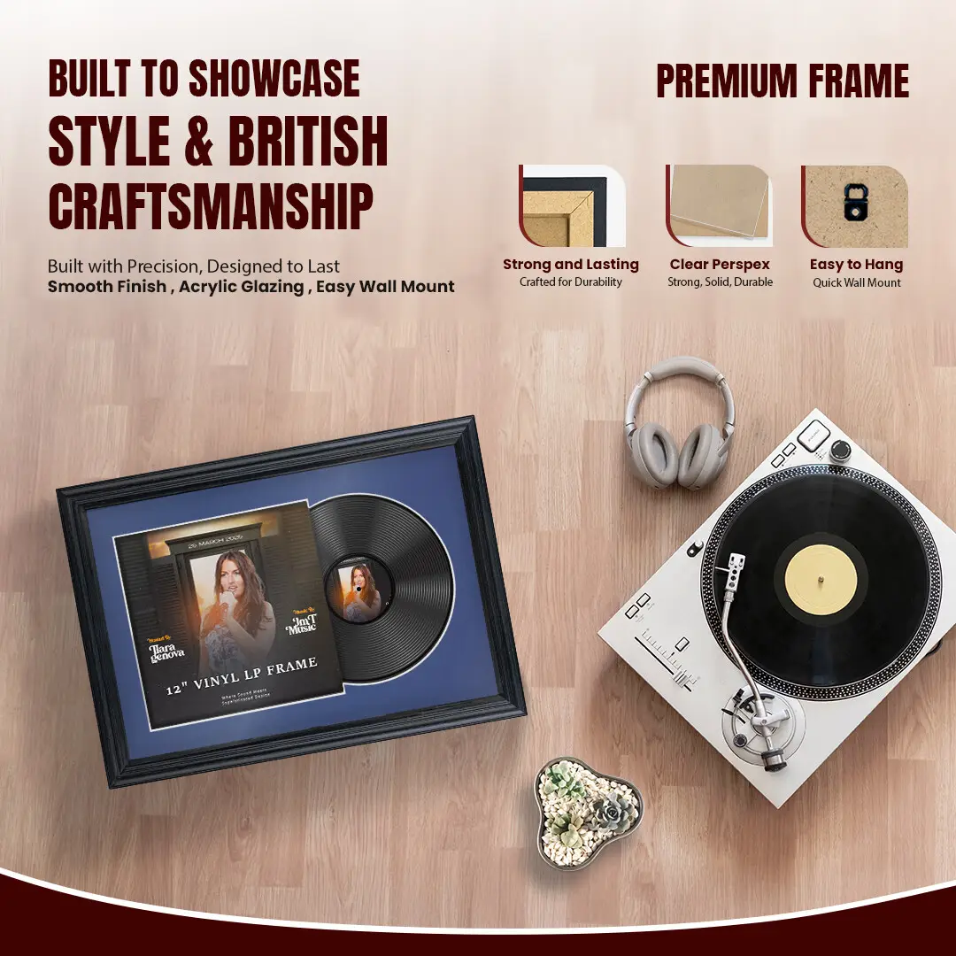 25x17" Classic Black Vinyl Record Frame For 12 Inch LP Cover & Disc With Blue Mount | Overlapped Vinyl Display thumbnail 2