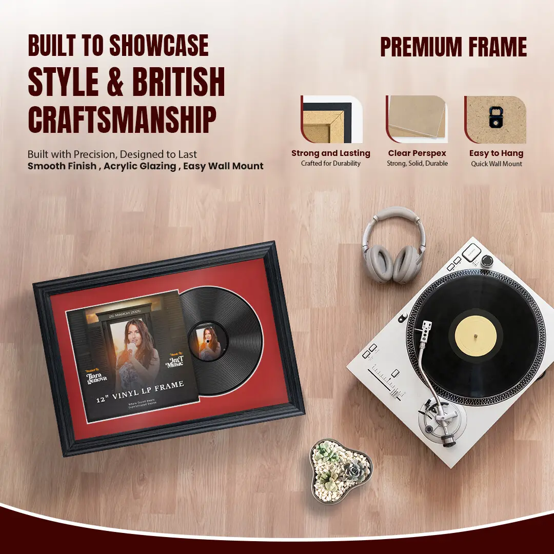 25x17" Classic Black Vinyl Record Frame For LP Cover & Disc With Crimson Mount | Overlapped Display thumbnail 2