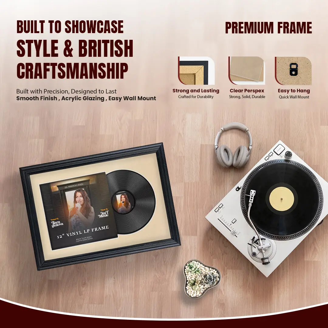 25x17" Classic Black Vinyl Record Frame For 12 Inch LP Cover & Disc With Ivory Mount | Overlapped Vinyl Display thumbnail 2
