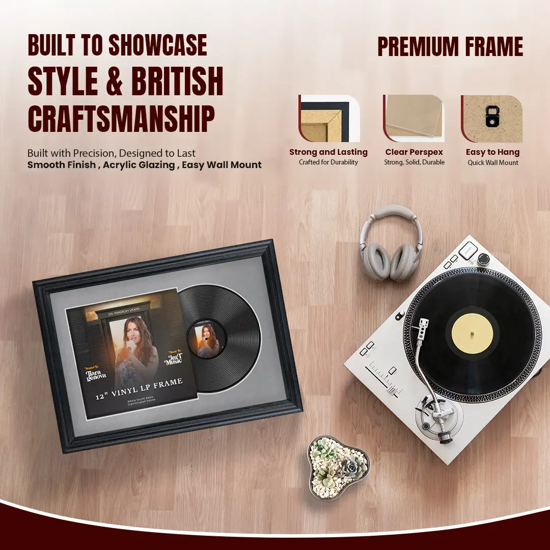 25x17" Classic Black Vinyl Record Frame For 12 Inch LP Cover & Disc With Mid Grey Mount | Overlapped Vinyl Display thumbnail 2