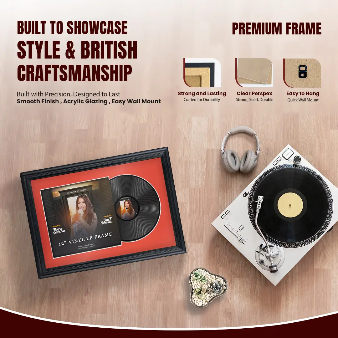 25x17" Classic Black Vinyl Record Frame For LP Cover & Disc With Poppy Red Mount | Overlapped Display thumbnail 2