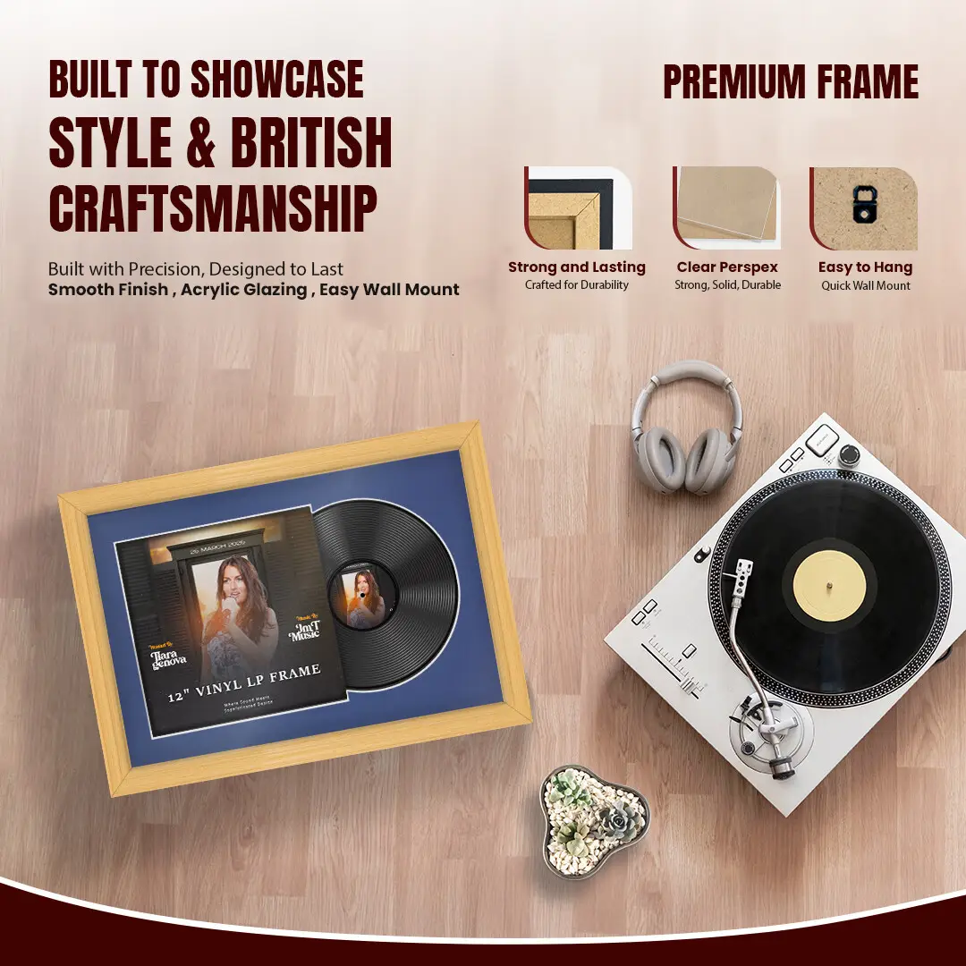 25x17" Classic Country Pine Vinyl Record Frame For LP Cover & Disc With Blue Mount | Overlapped Display thumbnail 2