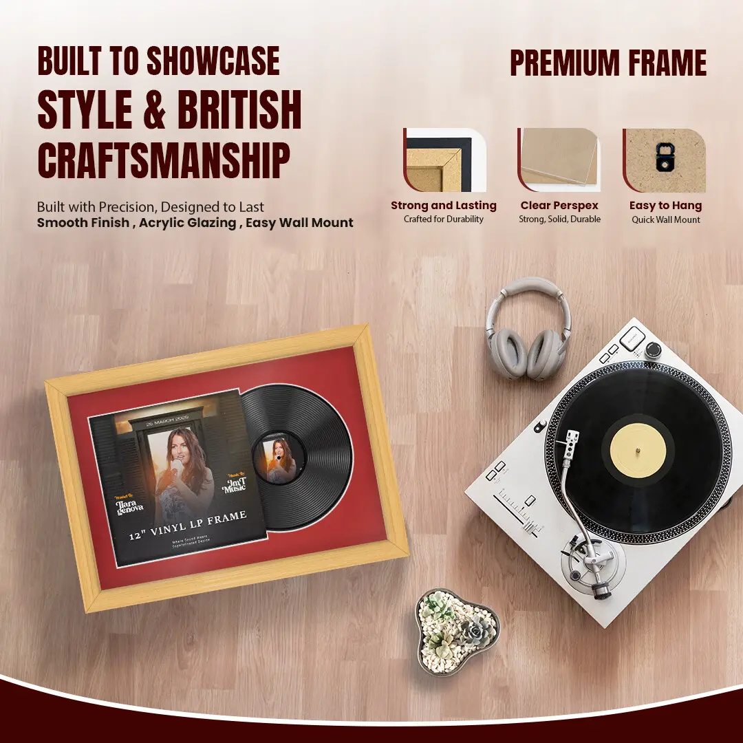 25x17" Classic Country Pine Vinyl Record Frame For 12 Inch LP Cover & Disc (Overlapped) With Crimson Mount | Elegant Music Display thumbnail 2