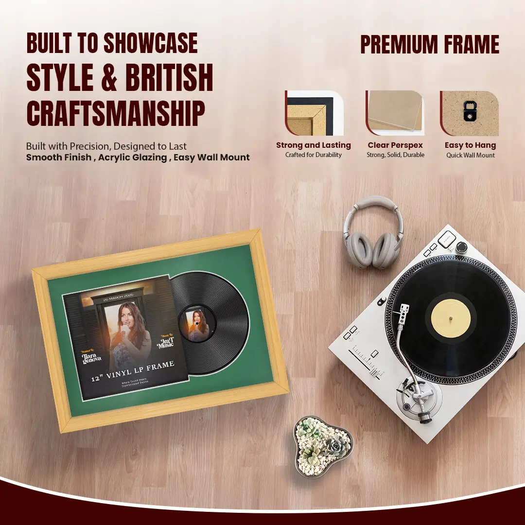 25x17" Classic Country Pine Vinyl Record Frame For LP Cover & Disc With Emerald (Green) Mount | Overlapped Display thumbnail 2