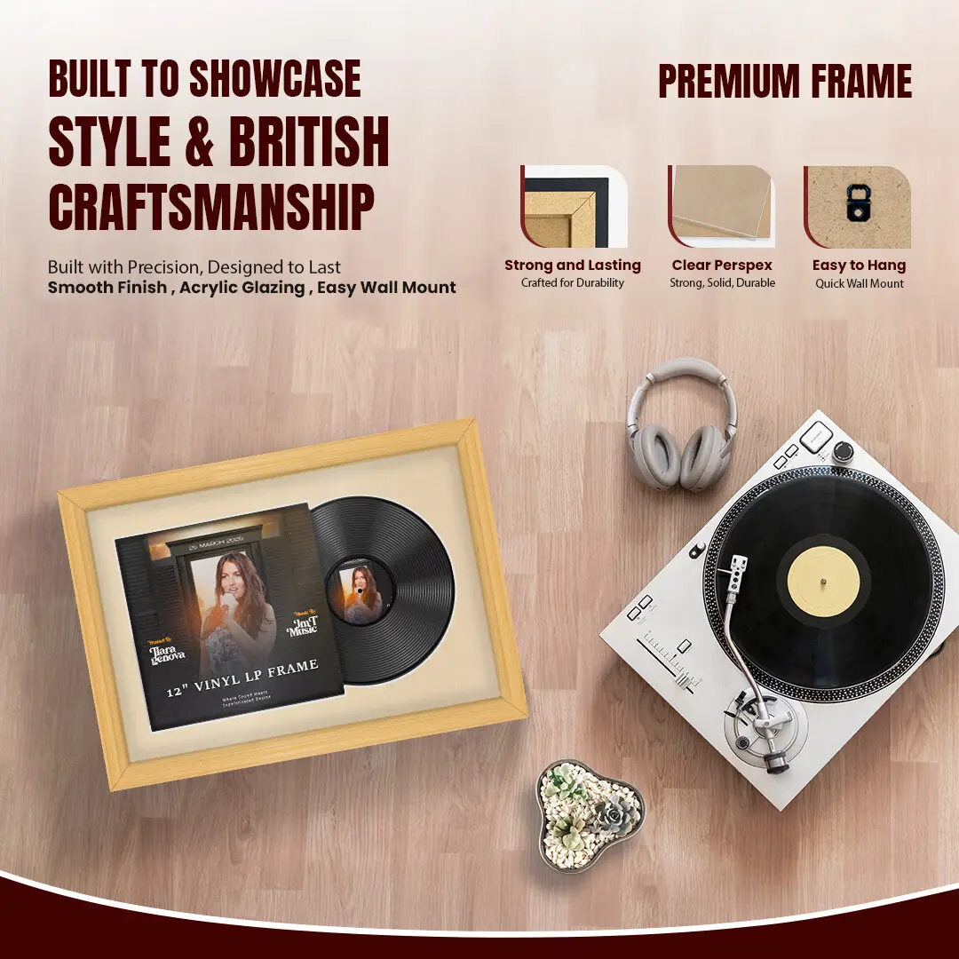 25x17" Classic Country Pine Vinyl Record Frame For LP Cover & Disc With Ivory Mount | Overlapped Display thumbnail 2