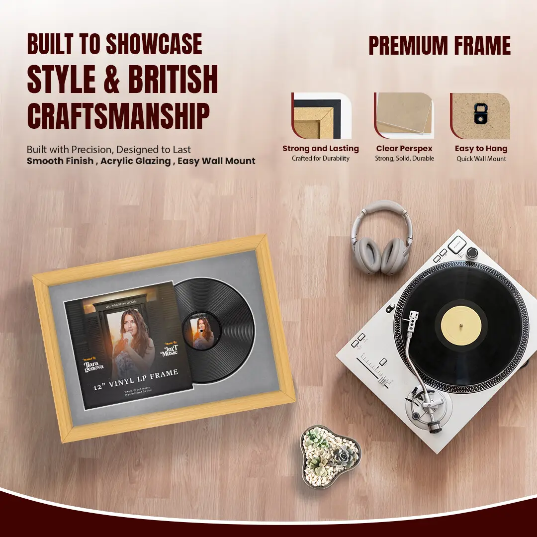 25x17" Classic Country Pine Vinyl Record Frame For 12 Inch LP Cover & Disc With Mid Grey Mount | Overlapped Vinyl Display thumbnail 2