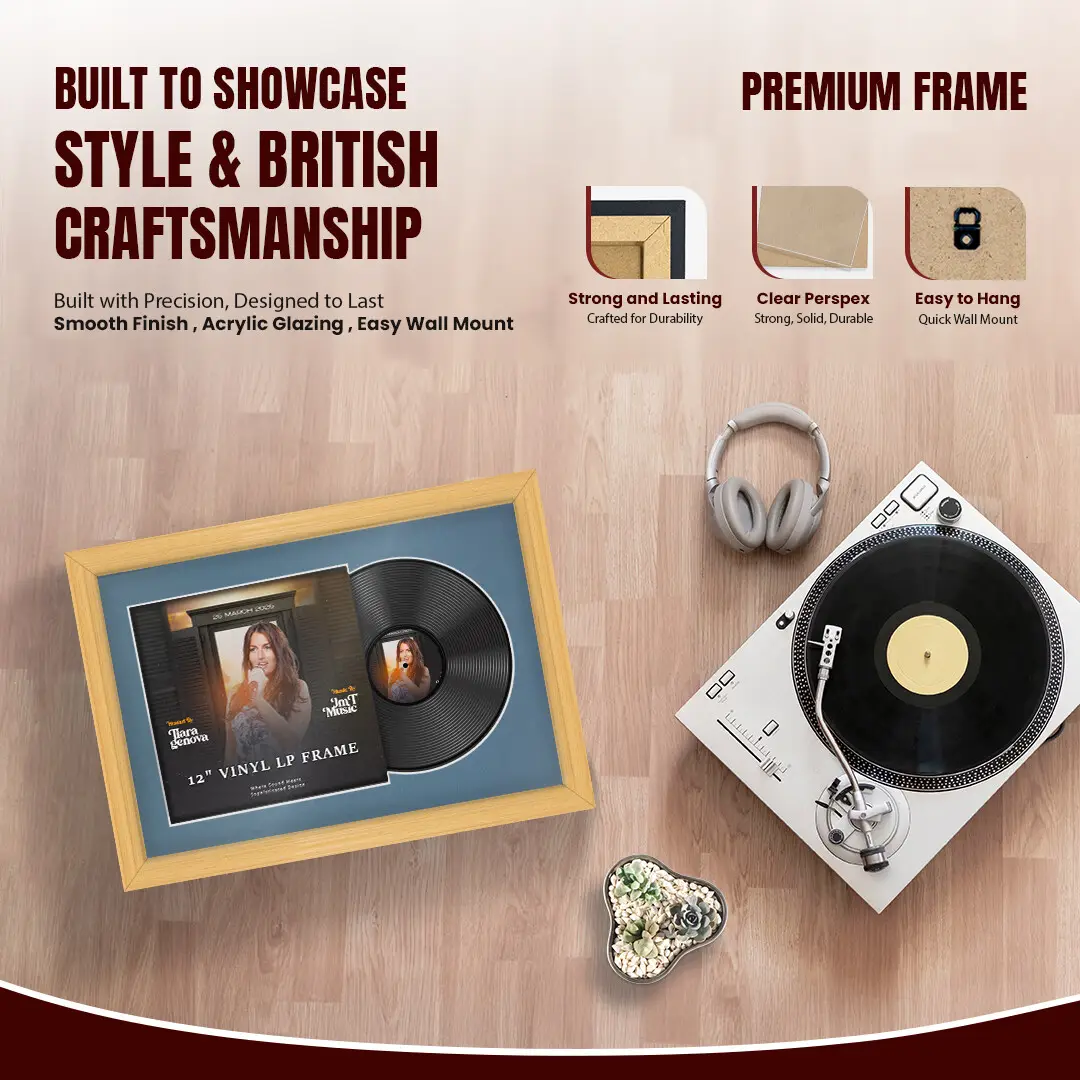 25x17" Classic Country Pine Vinyl Record Frame For 12 Inch LP Cover & Disc With Pompador Mount | Overlapped Vinyl Display thumbnail 2