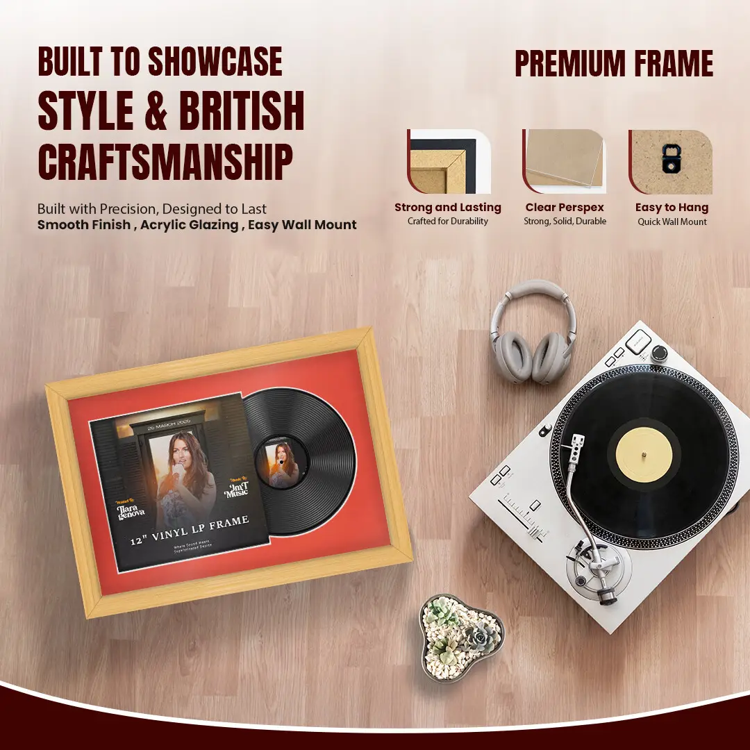25x17" Classic Country Pine Vinyl Record Frame For LP Cover & Disc With Poppy Red Mount | Overlapped Display thumbnail 2
