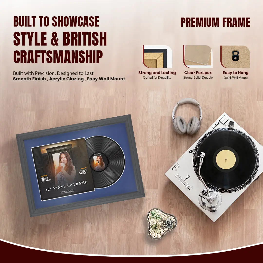 25x17" Classic Dark Grey Vinyl Record Frame For 12 Inch LP Cover & Disc With Blue Mount | Overlapped Vinyl Display thumbnail 2