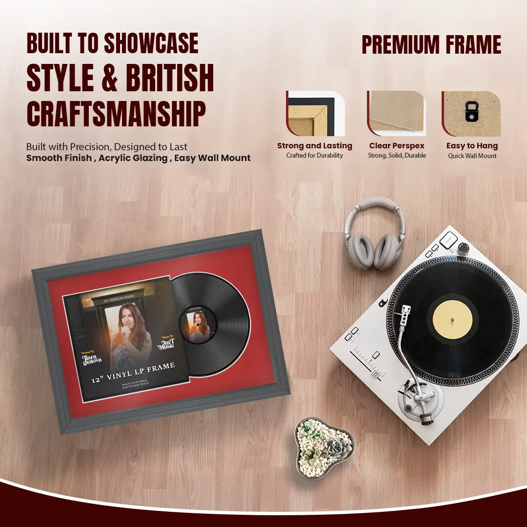 25x17" Classic Dark Grey Vinyl Record Frame For 12 Inch LP Cover & Disc With Crimson Mount | Overlapped Vinyl Display thumbnail 2