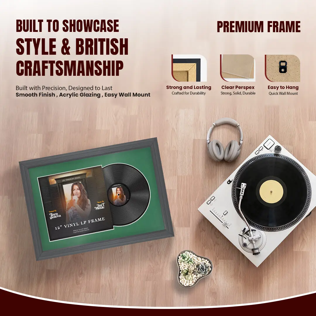 25x17" Classic Dark Grey Vinyl Record Frame For LP Cover & Disc With Emerald (Green) Mount | Overlapped Display thumbnail 2