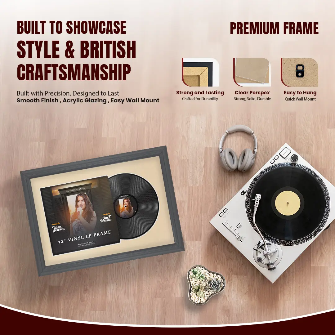 25x17" Classic Dark Grey Vinyl Record Frame For LP Cover & Disc With Ivory Mount | Overlapped Display thumbnail 2