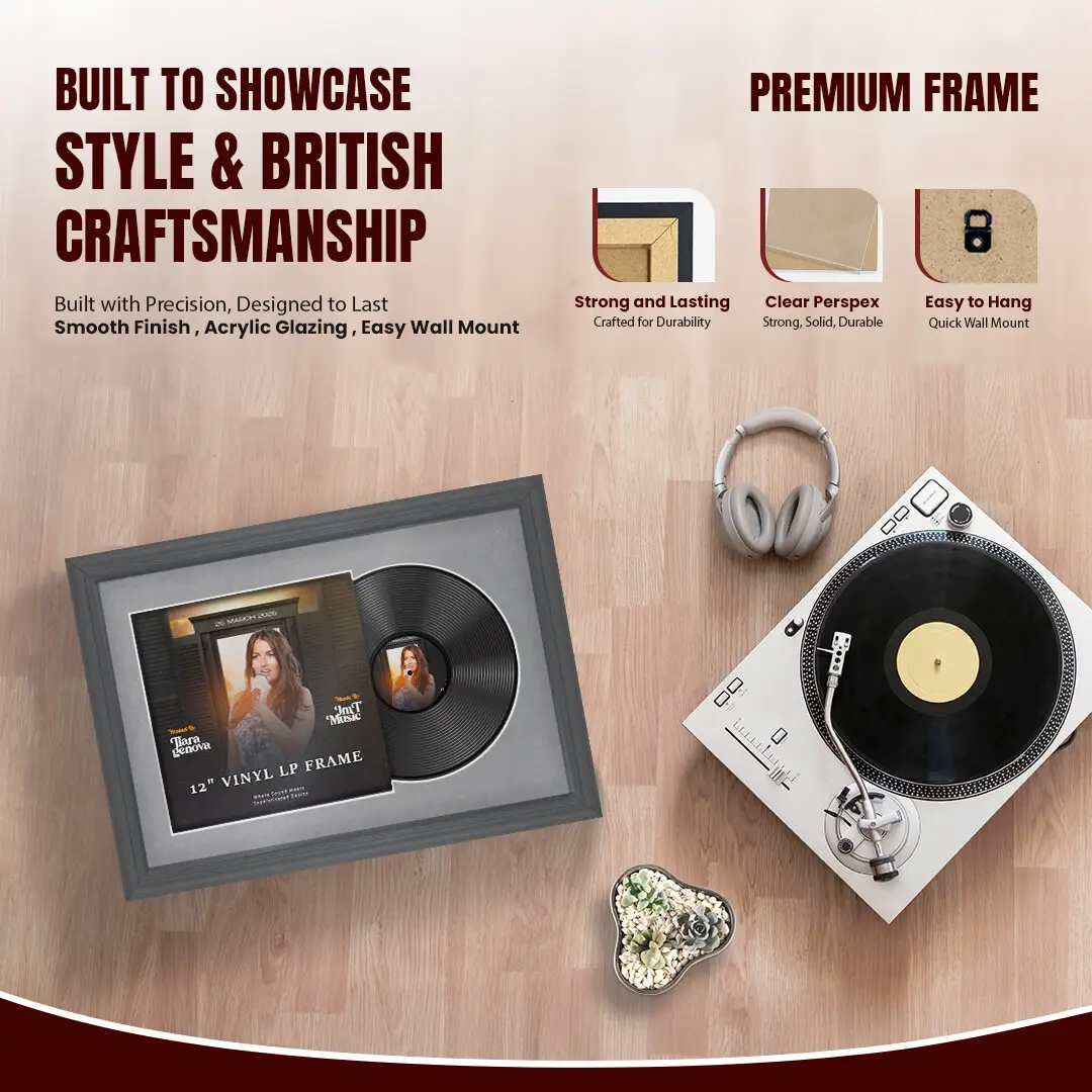 25x17" Classic Dark Grey Vinyl Record Frame For 12 Inch LP Cover & Disc With Mid Grey Mount | Overlapped Vinyl Display thumbnail 2