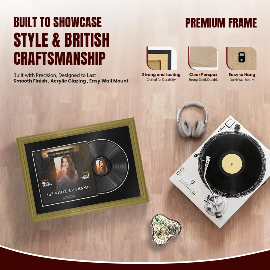 25x17" Classic Gold Vinyl Record Frame For 12 Inch LP Cover & Disc (Overlapped) With Black Mount | Elegant Music Display thumbnail 2