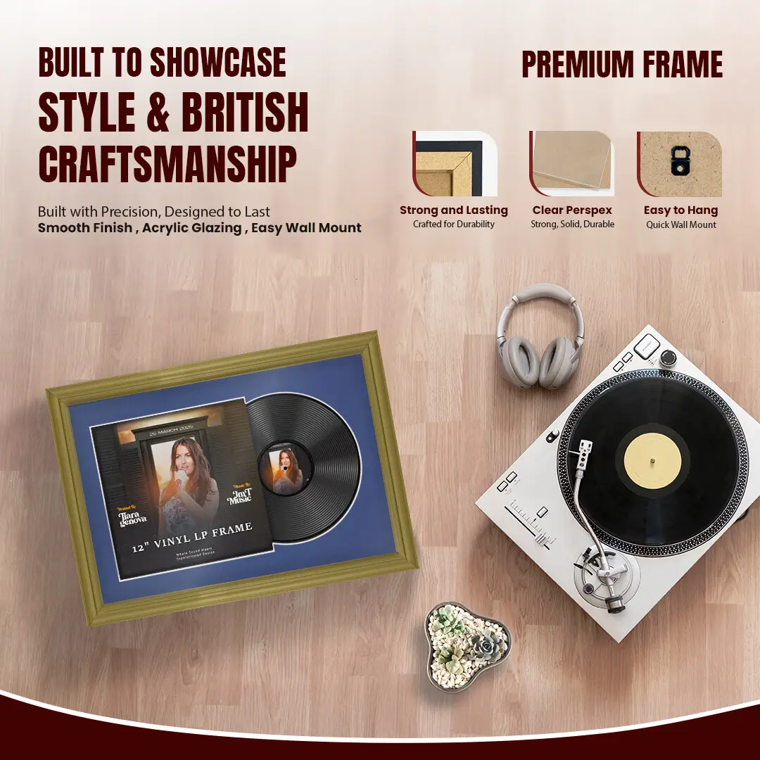25x17" Classic Gold Vinyl Record Frame For 12 Inch LP Cover & Disc (Overlapped) With Blue Mount | Elegant Music Display thumbnail 2