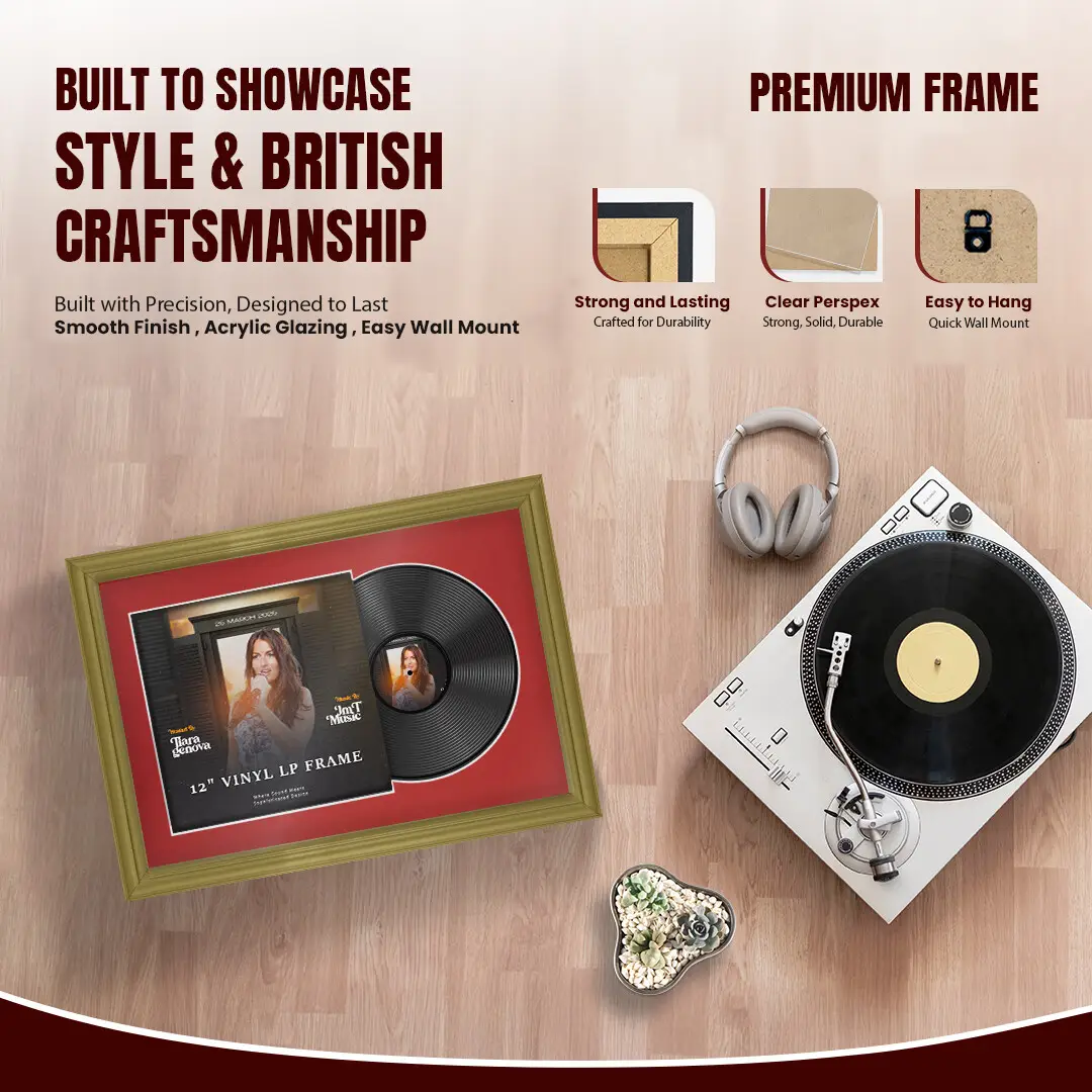 25x17" Classic Gold Vinyl Record Frame For 12 Inch LP Cover & Disc (Overlapped) With Crimson Mount | Elegant Music Display thumbnail 2