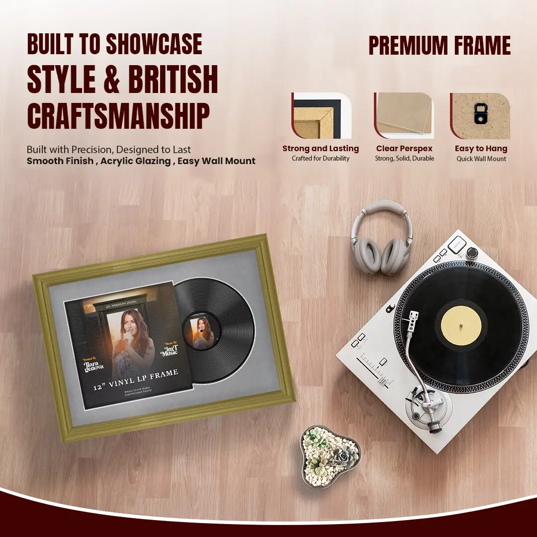 25x17" Classic Gold Vinyl Record Frame For LP Cover & Disc With Mid Grey Mount | Overlapped Display thumbnail 2