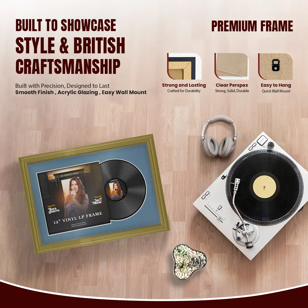 25x17" Classic Gold Vinyl Record Frame For LP Cover & Disc With Pompador Mount | Overlapped Display thumbnail 2