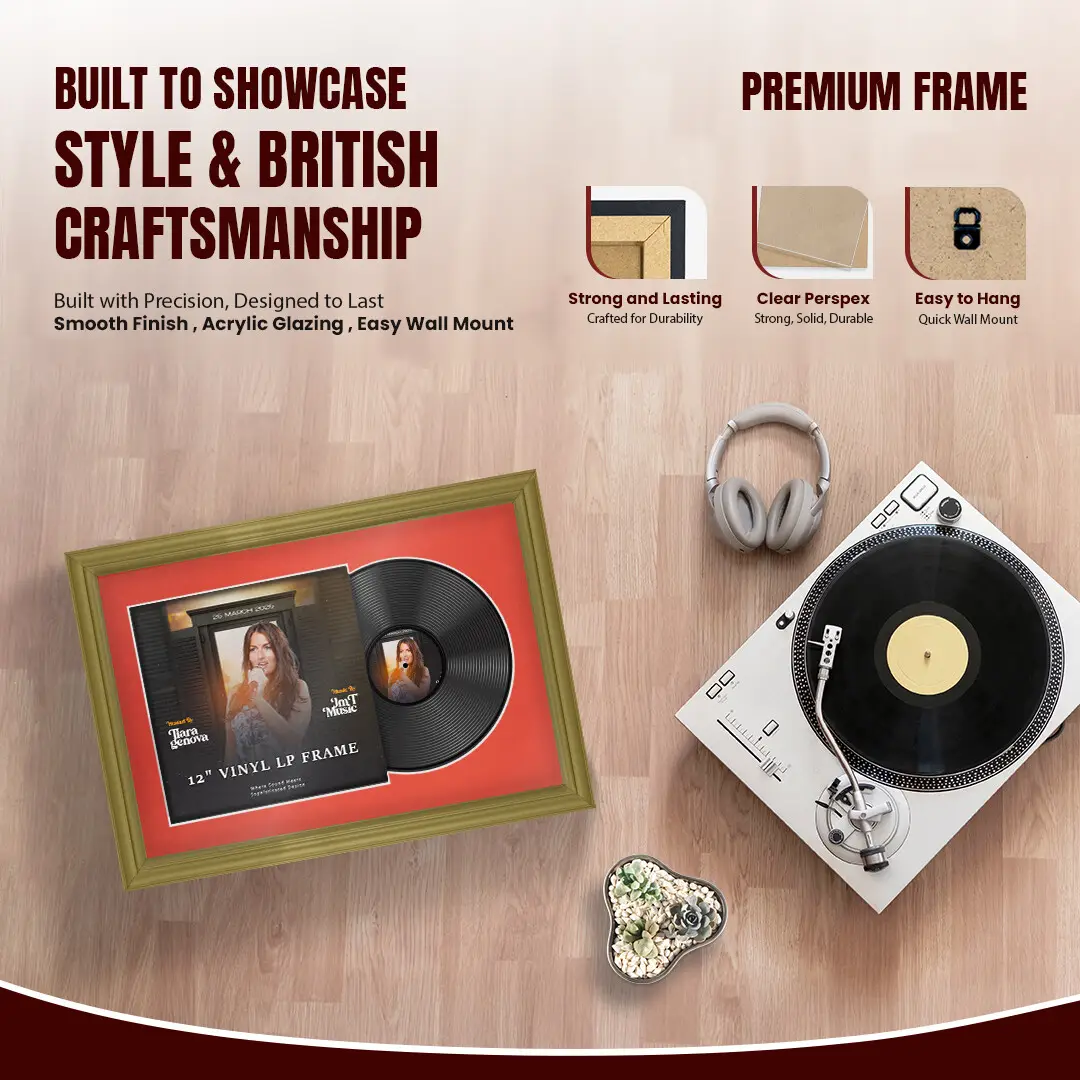25x17" Classic Gold Vinyl Record Frame For 12 Inch LP Cover & Disc With Poppy Red Mount | Overlapped Vinyl Display thumbnail 2