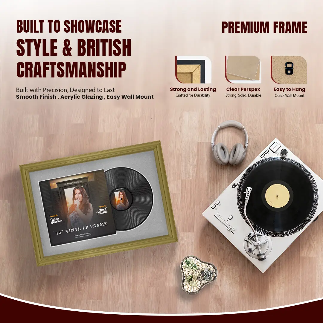 25x17" Classic Gold Vinyl Record Frame For 12 Inch LP Cover & Disc With Black Mount | Overlapped Vinyl Display thumbnail 2