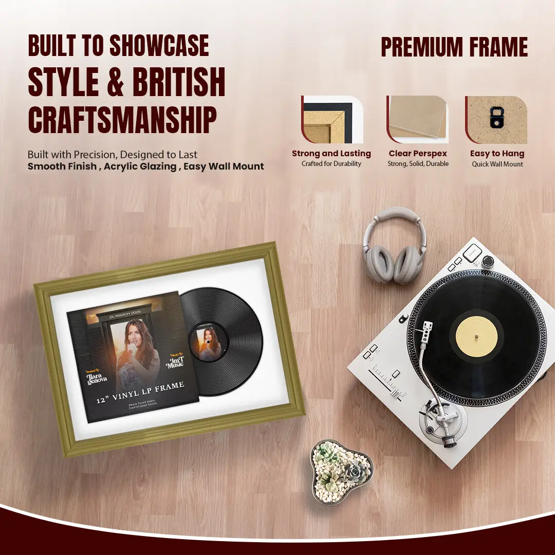 25x17" Classic Gold Vinyl Record Frame For LP Cover & Disc With Poppy Red Mount | Overlapped Display thumbnail 2
