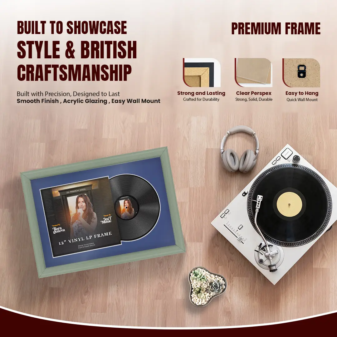 25x17" Classic Green Vinyl Record Frame For LP Cover & Disc With Blue Mount | Overlapped Display thumbnail 2