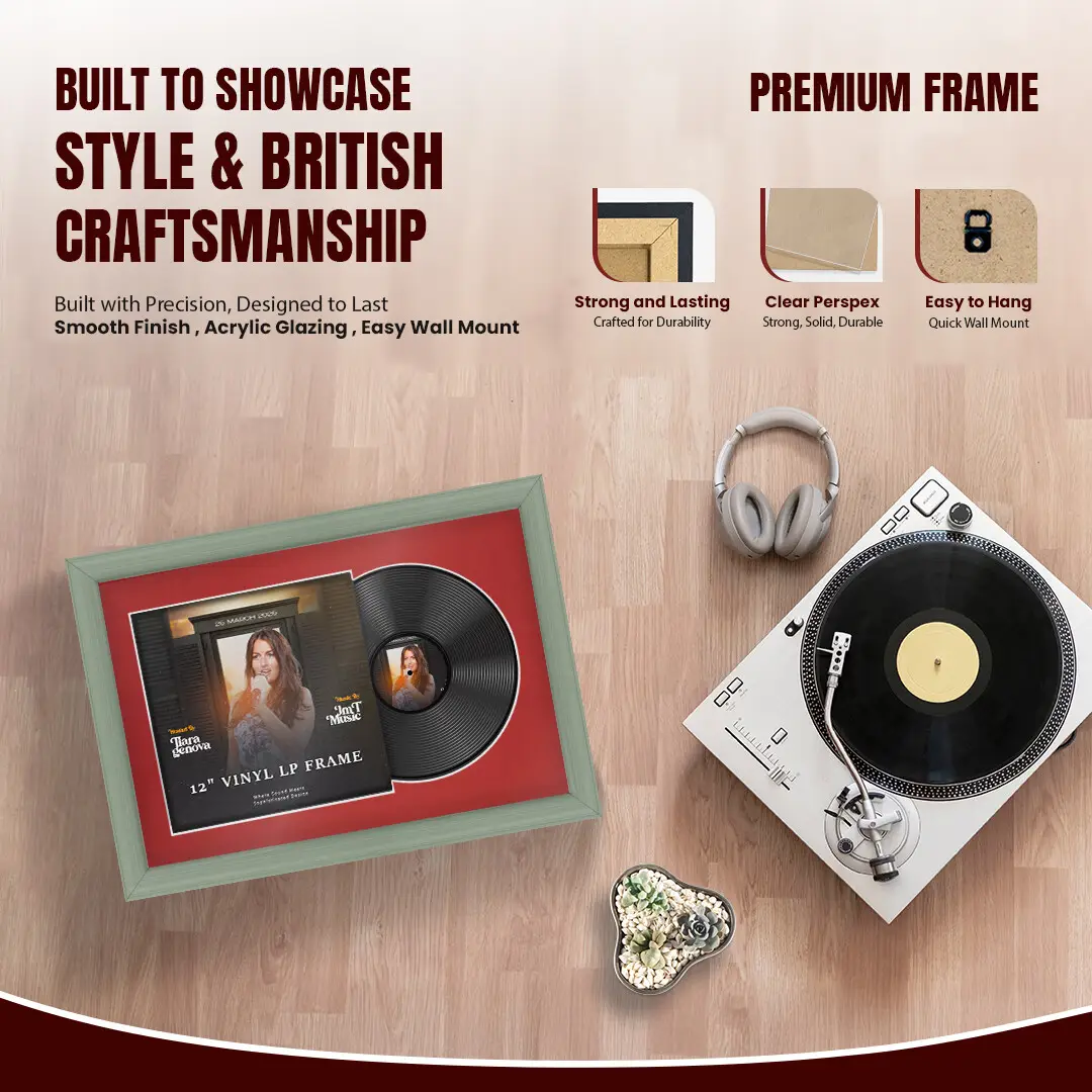 25x17" Classic Green Vinyl Record Frame For 12 Inch LP Cover & Disc With Crimson Mount | Overlapped Vinyl Display thumbnail 2