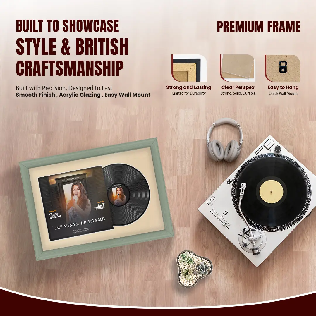 25x17" Classic Green Vinyl Record Frame For LP Cover & Disc With Ivory Mount | Overlapped Display thumbnail 2