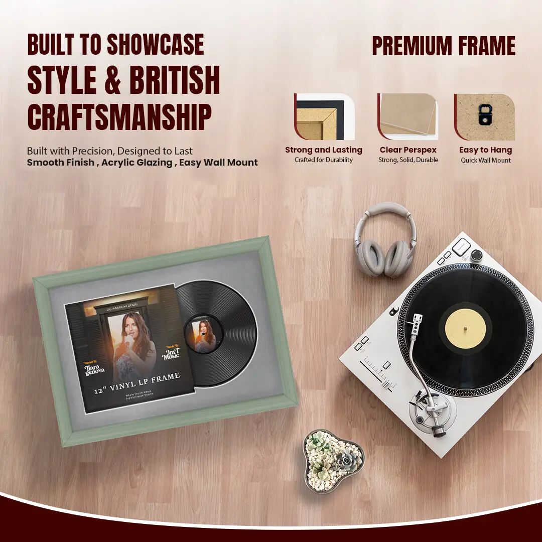 25x17" Classic Green Vinyl Record Frame For 12 Inch LP Cover & Disc With Mid Grey Mount | Overlapped Vinyl Display thumbnail 2