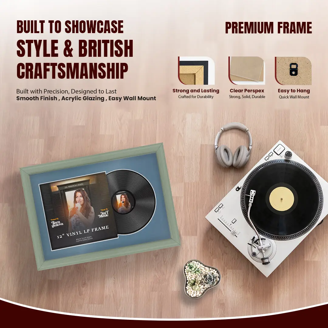 25x17" Classic Green Vinyl Record Frame For 12 Inch LP Cover & Disc With Pompador Mount | Overlapped Vinyl Display thumbnail 2