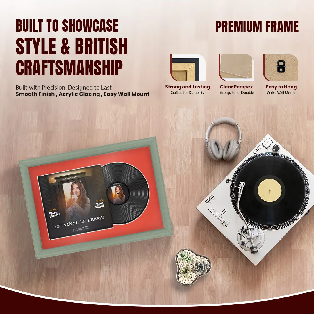 25x17" Classic Green Vinyl Record Frame For 12 Inch LP Cover & Disc With Poppy Red Mount | Overlapped Vinyl Display thumbnail 2