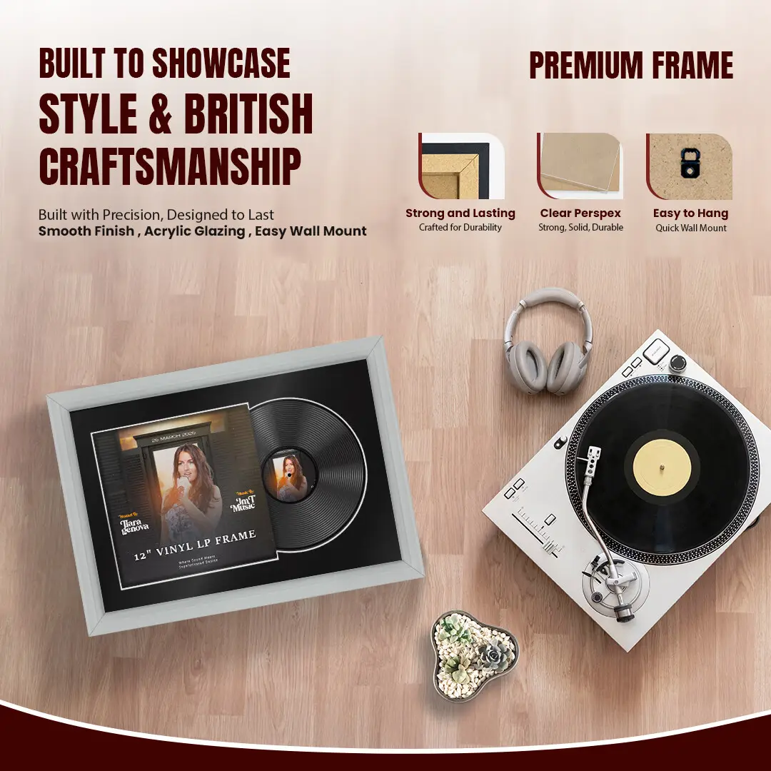 25x17" Classic Light Grey Vinyl Record Frame For LP Cover & Disc With Black Mount | Overlapped Display thumbnail 2
