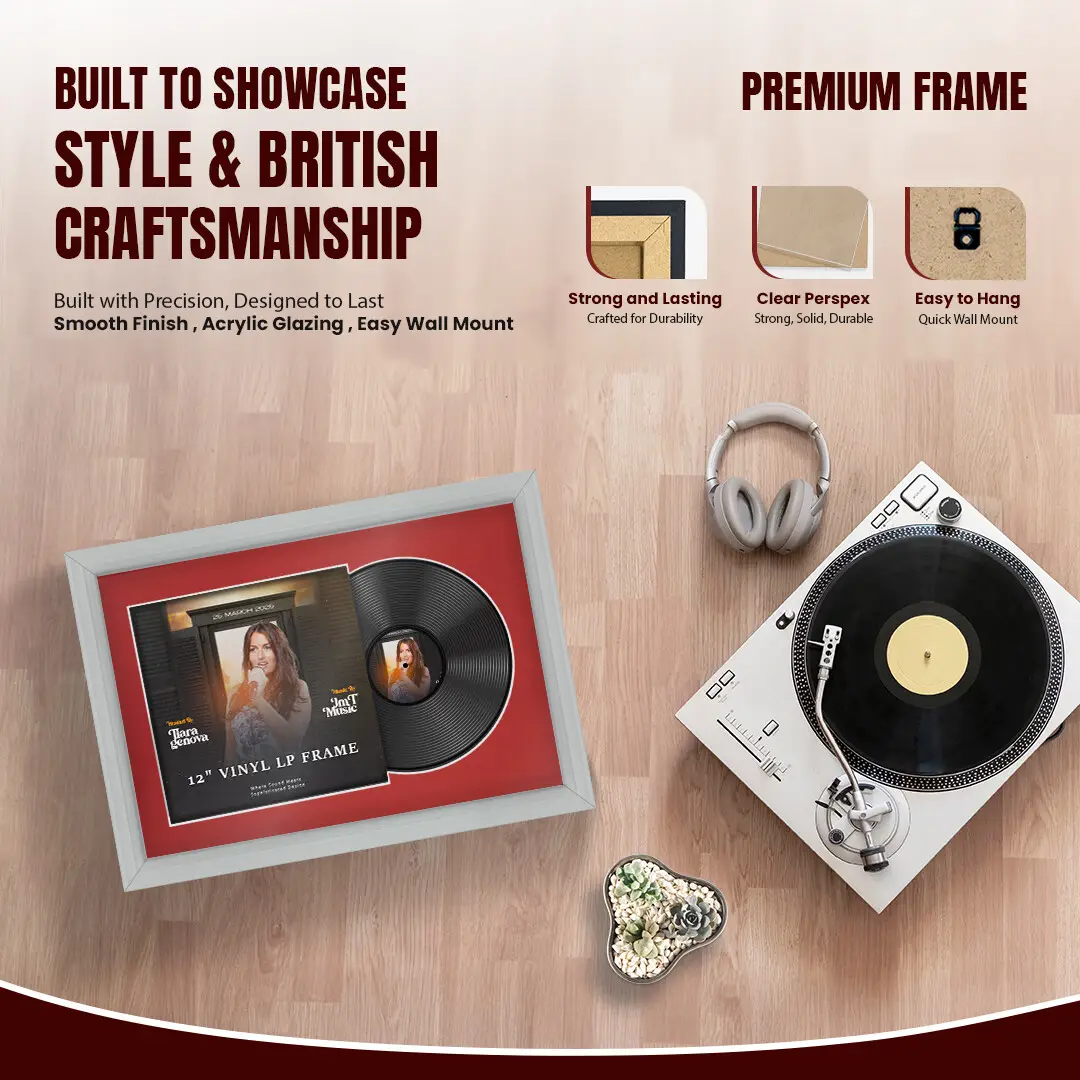 25x17" Classic Light Grey Vinyl Record Frame For 12 Inch LP Cover & Disc (Overlapped) With Crimson Mount | Elegant Music Display thumbnail 2