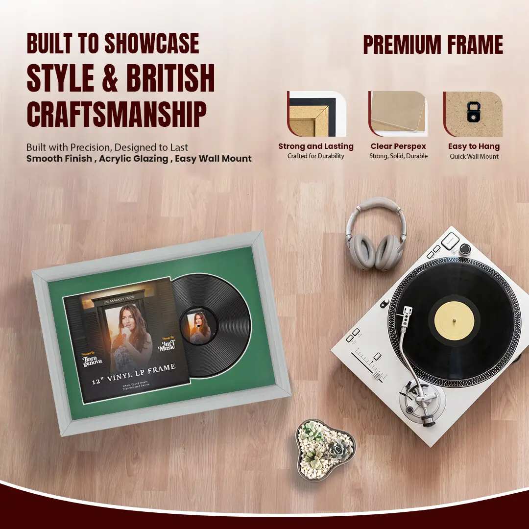 25x17" Classic Light Grey Vinyl Record Frame For 12 Inch LP Cover & Disc With Emerald (Green) Mount | Overlapped Vinyl Display thumbnail 2