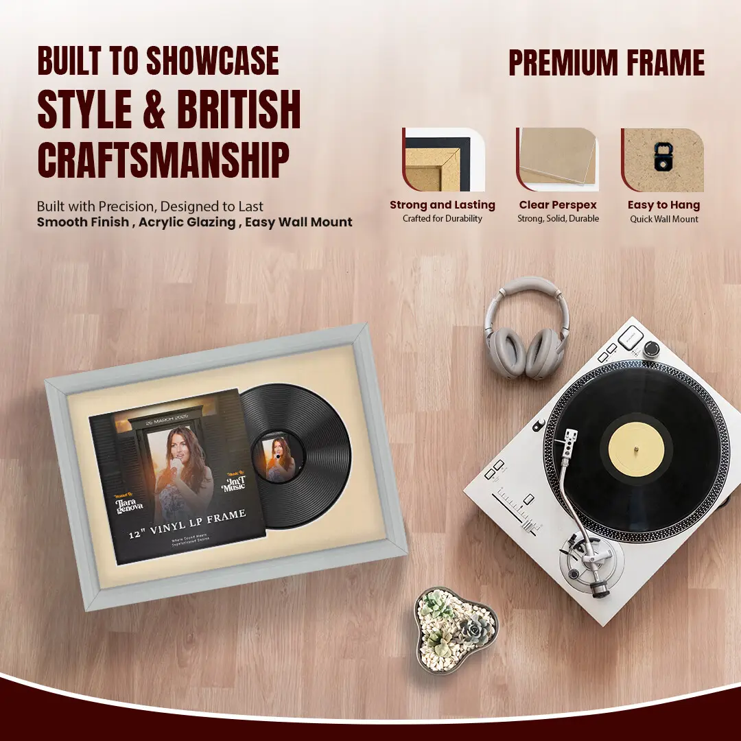 25x17" Classic Light Grey Vinyl Record Frame For 12 Inch LP Cover & Disc With Ivory Mount | Overlapped Vinyl Display thumbnail 2