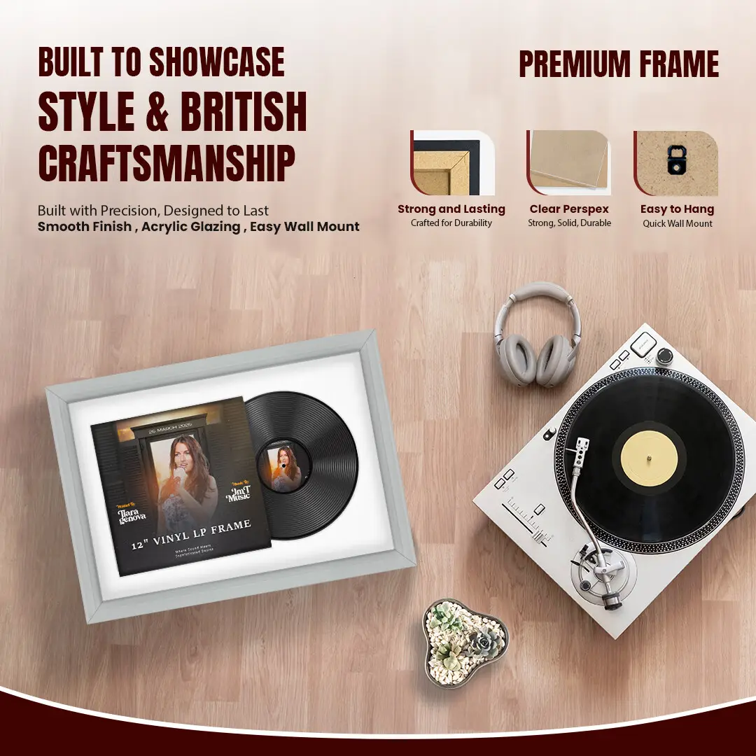25x17" Classic Light Grey Vinyl Record Frame For 12 Inch LP Cover & Disc With Ice White Mount | Overlapped Vinyl Display thumbnail 2