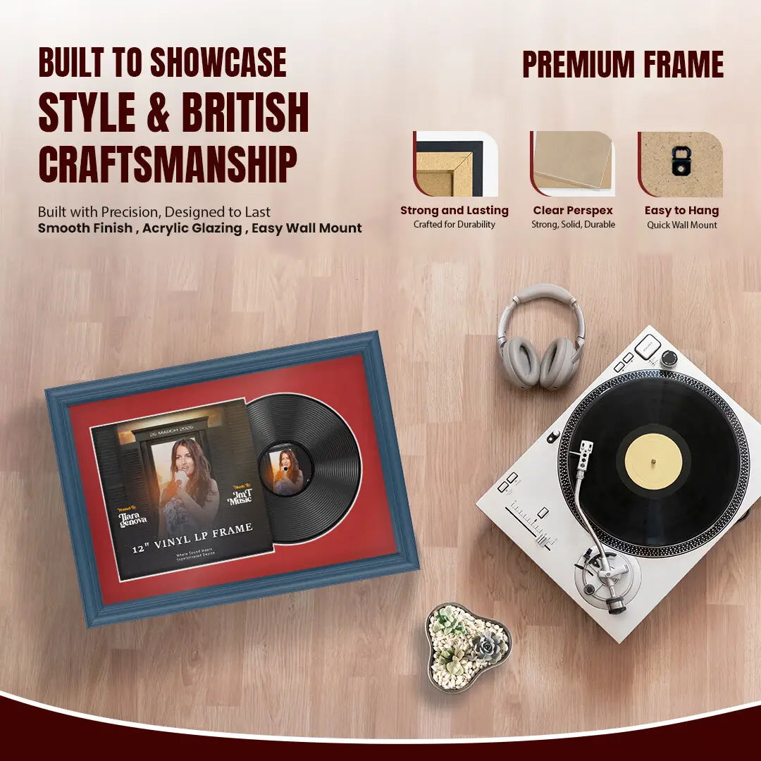 25x17" Classic Navy Blue Vinyl Record Frame For 12 Inch LP Cover & Disc (Overlapped) With Crimson Mount | Elegant Music Display thumbnail 2