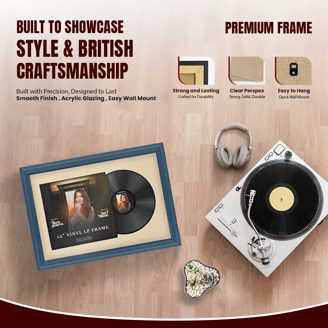 25x17" Classic Navy Blue Vinyl Record Frame For 12 Inch LP Cover & Disc (Overlapped) With Ivory Mount | Elegant Music Display thumbnail 2