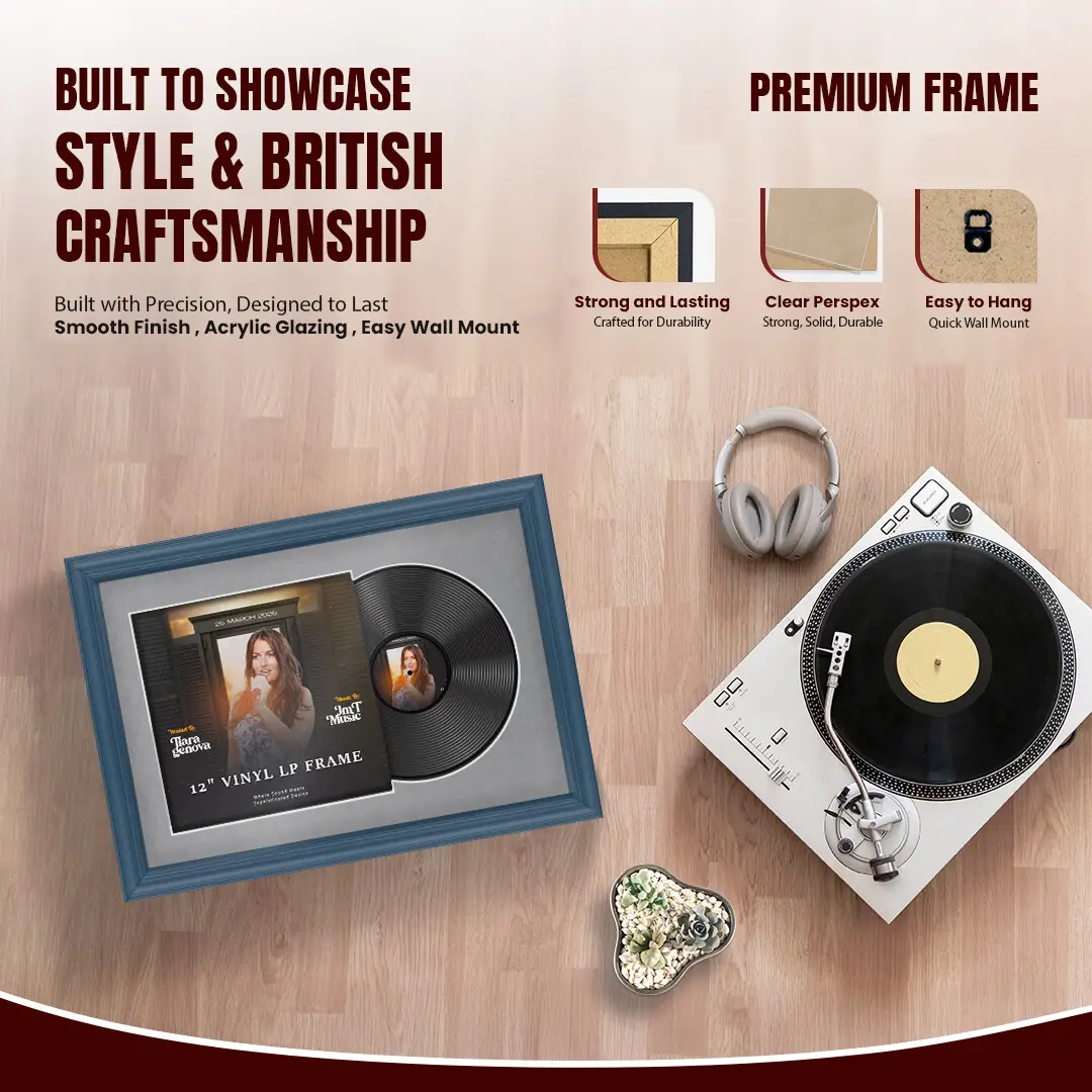 25x17" Classic Navy Blue Vinyl Record Frame For LP Cover & Disc With Mid Grey Mount | Overlapped Display thumbnail 2