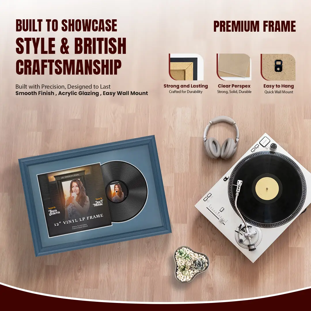 25x17" Classic Navy Blue Vinyl Record Frame For LP Cover & Disc With Pompador Mount | Overlapped Display thumbnail 2