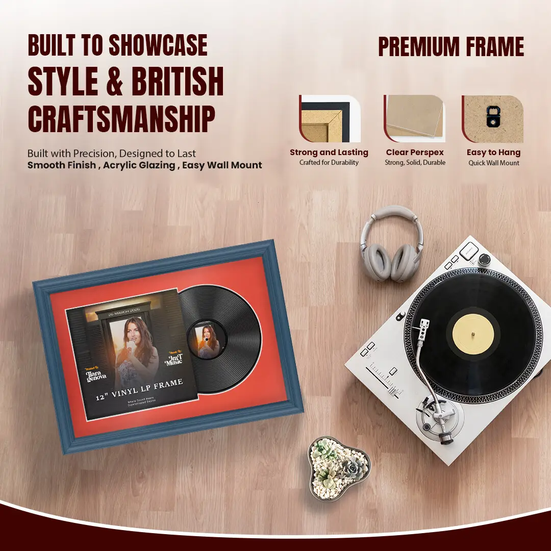 25x17" Classic Navy Blue Vinyl Record Frame For LP Cover & Disc With Poppy Red Mount | Overlapped Display thumbnail 2