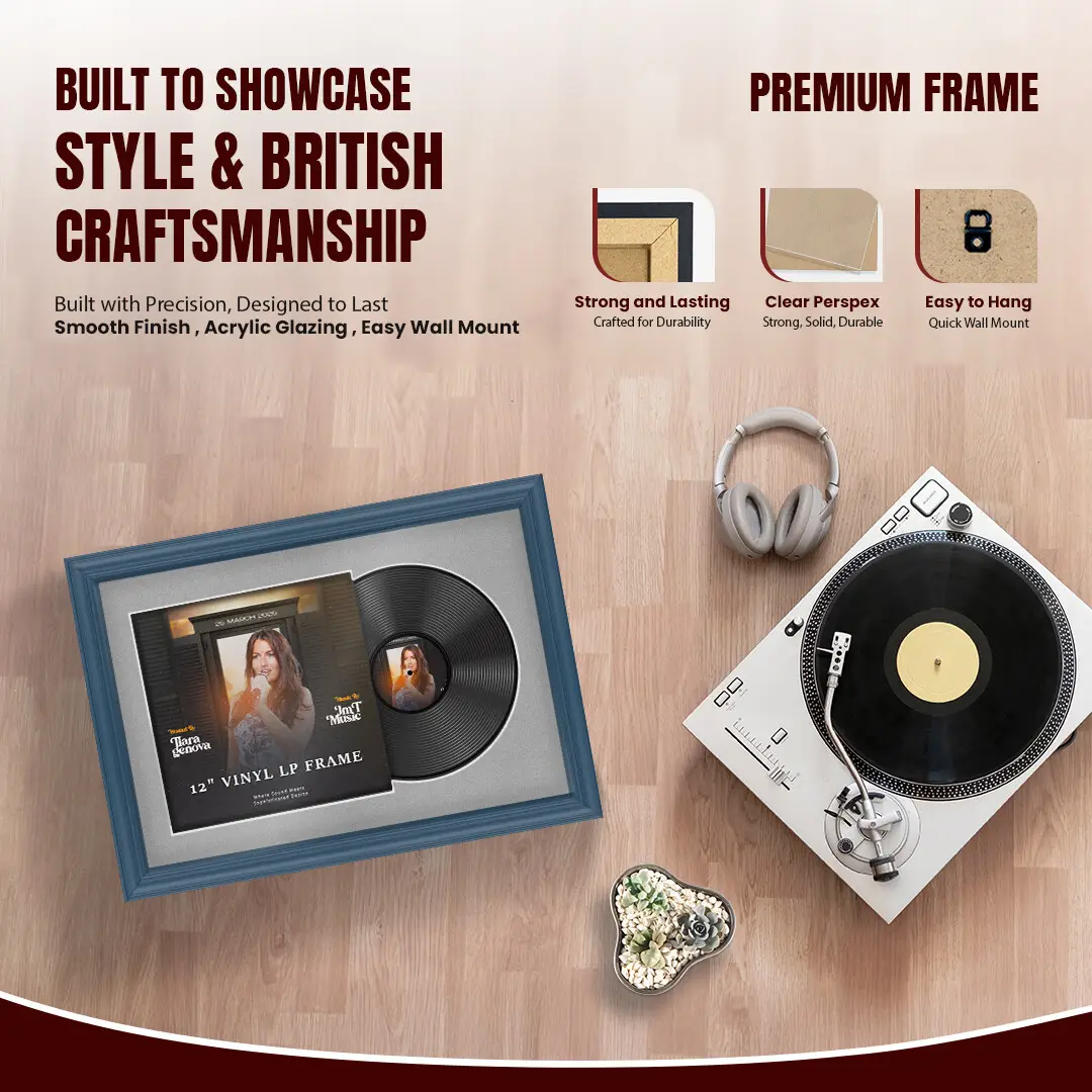 25x17" Classic Navy Blue Vinyl Record Frame For 12 Inch LP Cover & Disc With Silver Mount | Overlapped Vinyl Display thumbnail 2