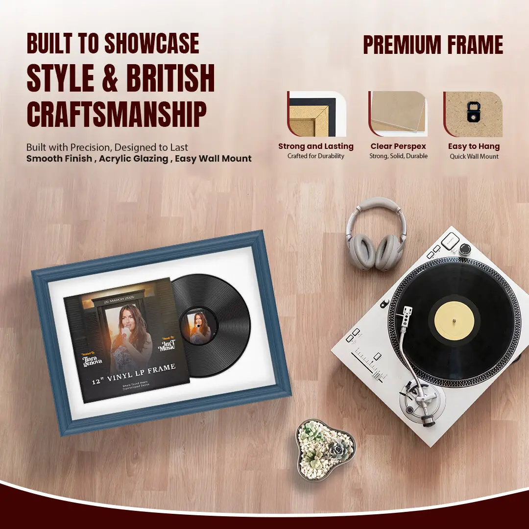25x17" Classic Navy Blue Vinyl Record Frame For 12 Inch LP Cover & Disc With Black Mount | Overlapped Vinyl Display thumbnail 2